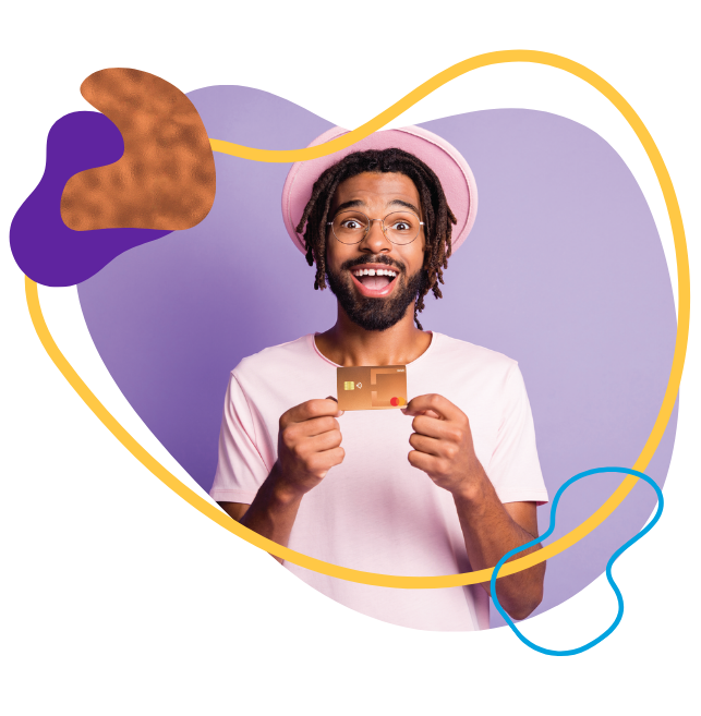Man holding new debit card with purple background-2