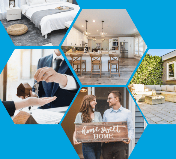 Pictures with people in their homes with blue background