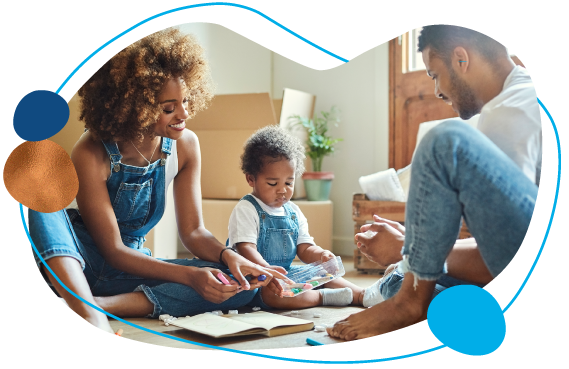 Family on floor playing after refinancing their home.