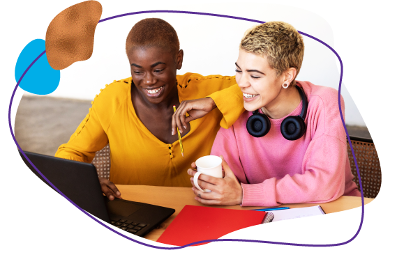 partners on laptop applying for skip a pay while drinking coffee